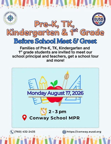 A colorful school flyer decorated with pencils along the top and bottom borders, featuring school supply illustrations including an apple, rulers, and a pencil, announcing a meet and greet event at Conway Academy.