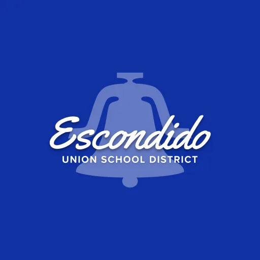 The logo of Escondido Union School District features a blue bell icon with the district name written in white script and block letters on a royal blue background.