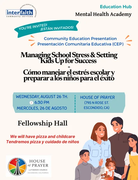 A colorful community event flyer from Interfaith Community Services featuring an illustrated family of four and details about a free mental health presentation in Escondido, California.