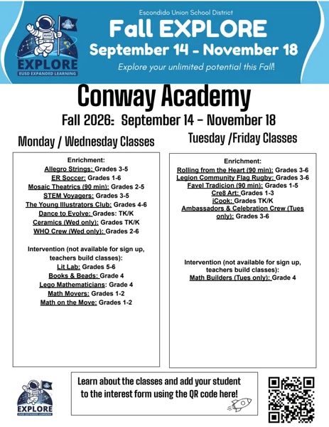 A school program flyer for Conway Academy's Fall EXPLORE enrichment sessions, featuring an astronaut mascot logo for EUSD Expanded Learning and a QR code at the bottom.