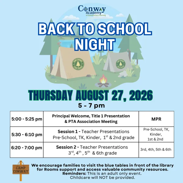A light blue school flyer with a camping theme showing two tents and a campfire in a forest setting, announcing Back to School Night at Conway Academy of Expeditionary Learning.