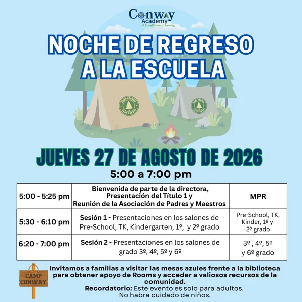 Un volante con fondo azul claro que muestra ilustraciones de carpas de campaña y una fogata en un entorno de bosque, con un logotipo escolar en la parte superior y una tabla de horarios en la parte inferior.