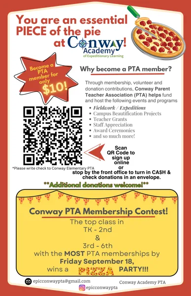 A colorful school flyer featuring a pizza graphic and a QR code promoting Conway Academy PTA membership for $10, with a pizza party contest for classes.