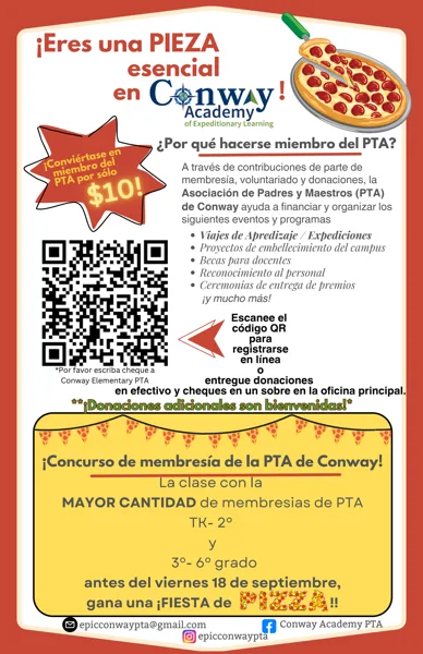 Un volante de color rojo y amarillo con una imagen de pizza en la esquina superior derecha, un código QR en el lado izquierdo y una estrella decorativa con texto promocional.