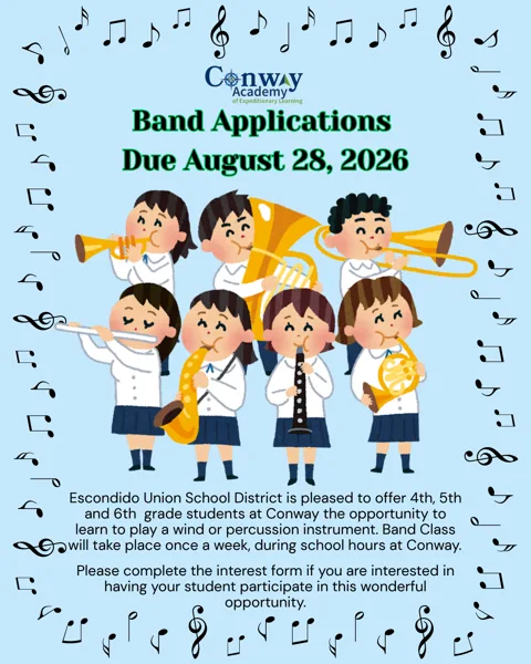 A light blue flyer showing seven cartoon children in school uniforms playing various wind and brass instruments including trumpet, tuba, trombone, flute, saxophone, clarinet, and French horn, surrounded by musical note decorations.