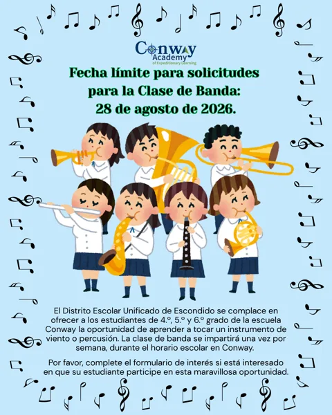 Un volante de fondo azul claro con notas musicales decorativas en los bordes y una ilustración de estilo animado que muestra a seis niños con uniforme escolar tocando instrumentos de viento y percusión.