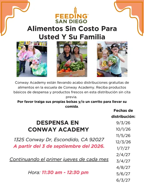 Un volante de color blanco y naranja de Feeding San Diego con tres fotografías de familias sonrientes recibiendo cajas y bolsas de alimentos frescos.
