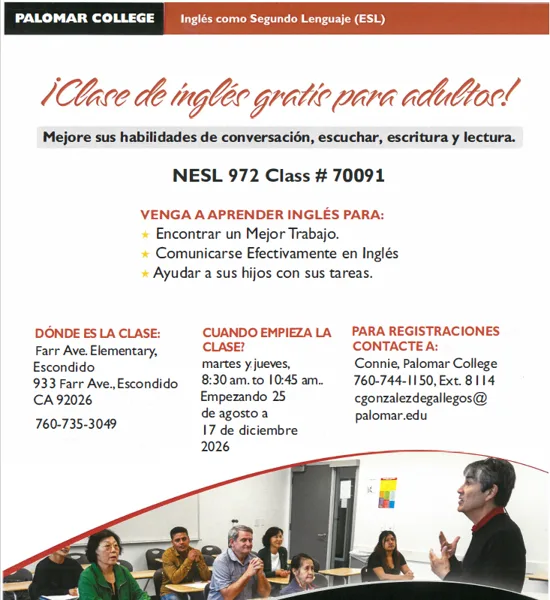 A flyer showing adults seated in a classroom listening to an instructor at the front of the room.