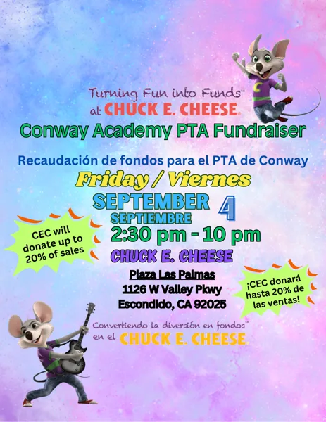 A colorful fundraiser flyer featuring the Chuck E. Cheese mascot character in two poses against a pastel watercolor background.