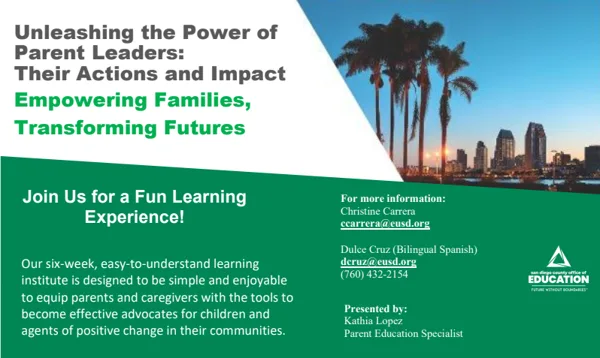 A flyer from the San Diego County Office of Education featuring a photo of the San Diego skyline with palm trees at dusk.