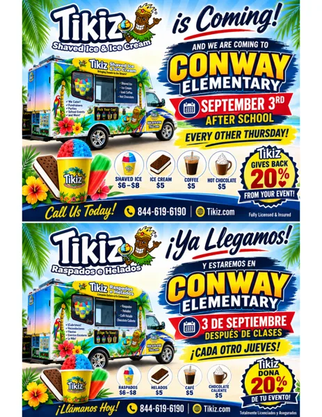 A colorful food truck flyer showing the Tikiz branded ice cream truck with tropical decorations, advertising a school visit with product photos and pricing.