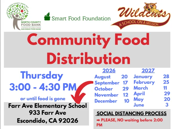 A flyer from North County Food Bank, Smart Food Foundation, and Wildcats school announcing a community food distribution event at Farr Ave Elementary School in Escondido, California.