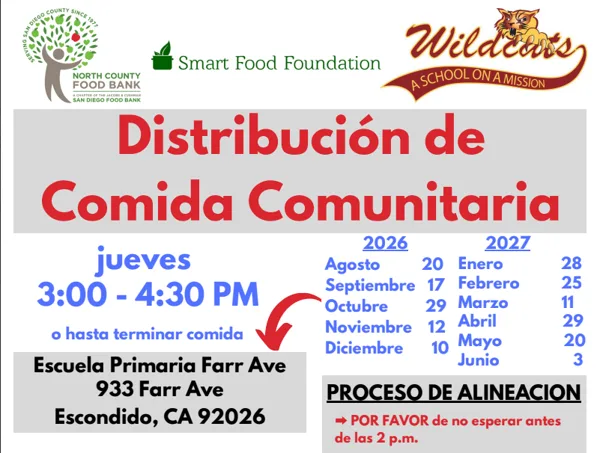 A flyer in Spanish announces a Community Food Distribution event held on Thursdays from 3:00–4:30 PM at Farr Ave Elementary School in Escondido, California, organized by North County Food Bank, Smart Food Foundation, and Wildcats school.