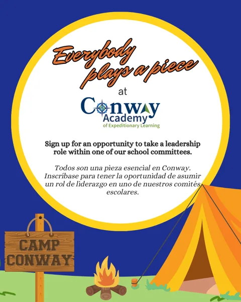 A colorful camp-themed flyer featuring a yellow tent, campfire, and a wooden Camp Conway sign against a blue background, with text inside a large yellow-bordered circle.