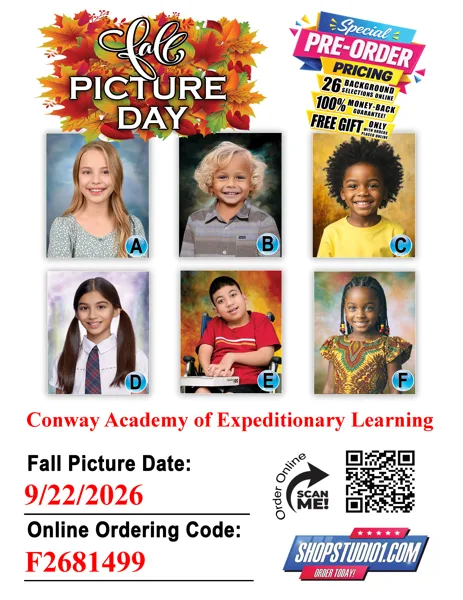 A school picture day flyer showing six sample student portrait photos labeled A through F, with ordering details for Conway Academy of Expeditionary Learning.