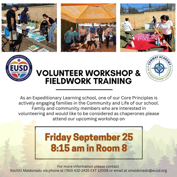 A school event flyer showing three photos of volunteers doing outdoor community activities, with logos for EUSD Community Schools and Conway Academy of Expeditionary Learning.