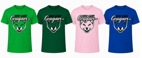 Four t-shirts in green, dark green, pink, and blue display a Conway Academy Cougars logo featuring a cougar mascot face.