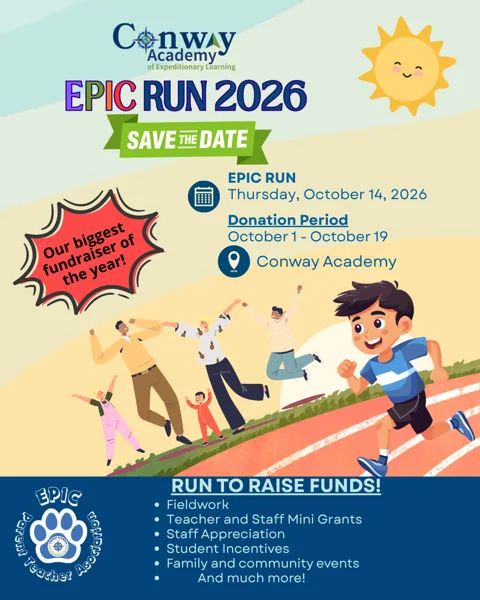 A colorful school fundraiser flyer showing a cartoon boy running on a track while a group of cheerful people celebrate behind him.