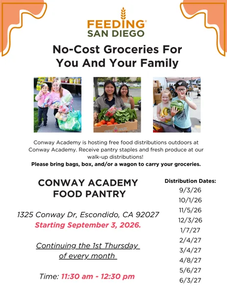 A colorful flyer showing three photos of smiling adults and children holding bags and boxes of fresh produce at an outdoor food distribution event.