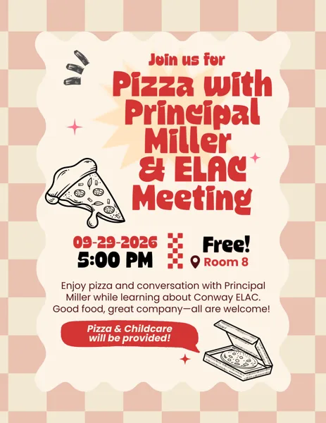 A retro-style school flyer with a pink checkerboard border featuring illustrated pizza slices and a pizza box.