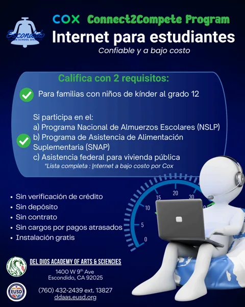 Un folleto informativo de fondo azul oscuro con texto en blanco y verde, que muestra los logotipos de Cox y del Distrito Escolar de Escondido, junto con una figura animada blanca con audífonos usando una laptop sentada sobre un globo terráqueo.