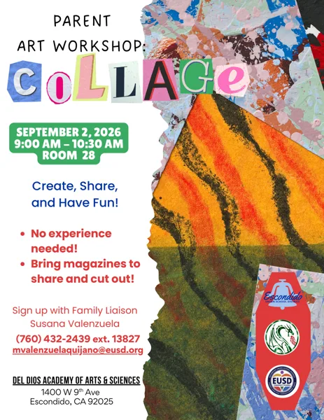 A colorful flyer featuring torn-paper collage artwork in orange, green, and blue tones promoting a parent art workshop at Del Dios Academy of Arts and Sciences.