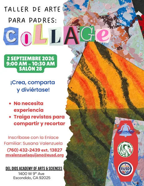 Un folleto colorido con letras recortadas de estilo collage, imágenes de obras de arte abstractas con colores naranja, verde y azul, y los logotipos de Del Dios Academy y el Distrito Escolar de Escondido.