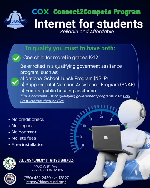 A dark blue flyer from Escondido Union School District and Cox promoting affordable student internet service, featuring a 3D figure using a laptop on a globe.