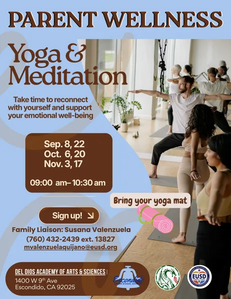 A flyer showing a group of adults practicing yoga poses in a bright studio with large windows, guided by an instructor.