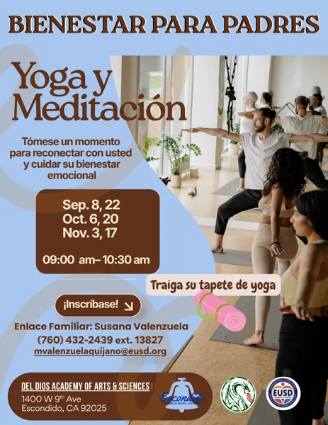 Un flyer de fondo azul claro con texto en marrón oscuro, que incluye una fotografía de un grupo de personas practicando yoga en un estudio luminoso.