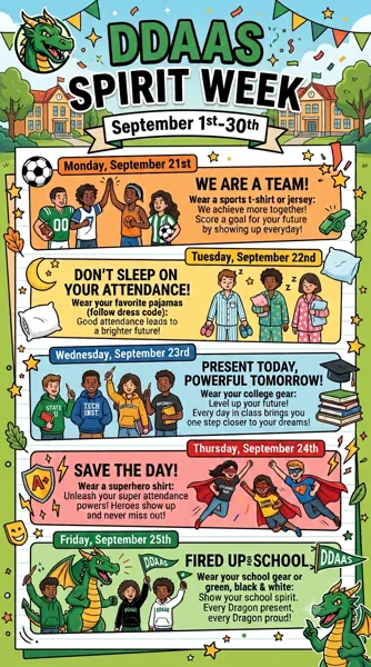 A colorful school flyer featuring a dragon mascot and illustrated students promoting Spirit Week with themed dress-up days for each day of the week.