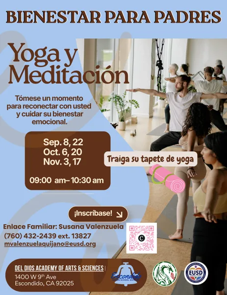 Un folleto de fondo azul claro con texto en marrón oscuro, que incluye una fotografía de un grupo de personas practicando yoga en un estudio luminoso y una imagen decorativa de tapetes de yoga enrollados.