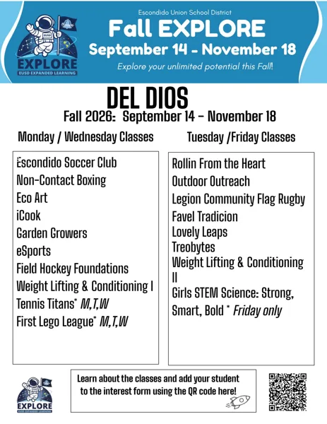 A school program flyer showing an astronaut mascot and a list of after-school enrichment classes offered at Del Dios school for Fall 2026.