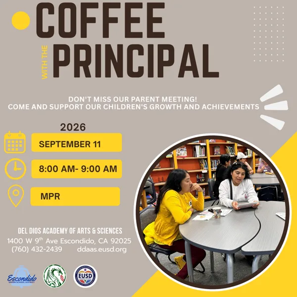 A school flyer showing two women sitting together at a table in a library, looking at a tablet, promoting a parent meeting event.