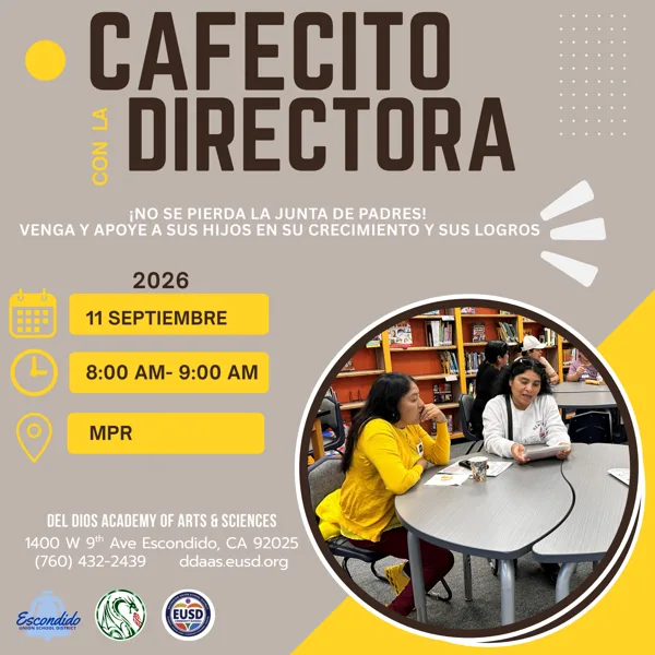 Un flyer de fondo gris y amarillo con texto en marrón oscuro, que incluye una foto circular de dos mujeres sentadas en una mesa en lo que parece ser una biblioteca escolar.