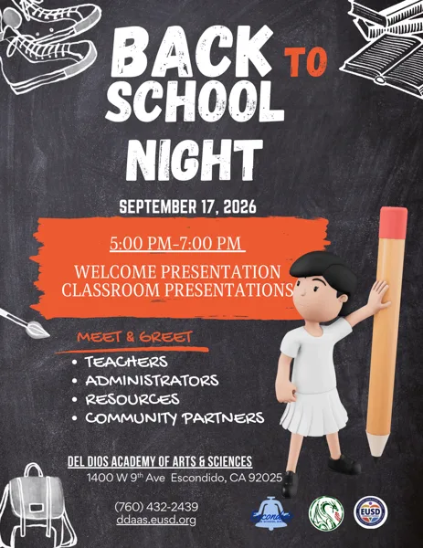 A chalkboard-style flyer featuring a 3D cartoon girl holding a giant pencil, with school supply illustrations in the corners.