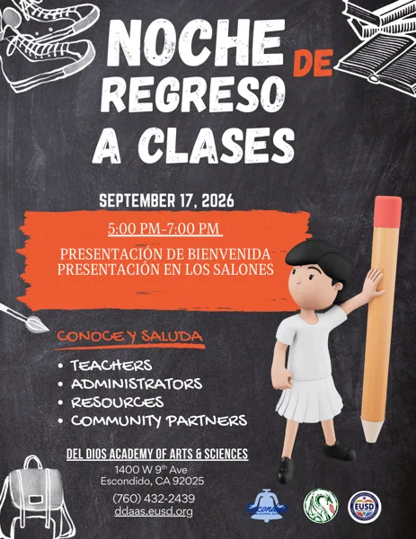 Un volante escolar de fondo negro con estilo de pizarrón, texto en blanco y naranja, decorado con ilustraciones de útiles escolares y una figura animada en 3D de una niña sosteniendo un lápiz gigante.