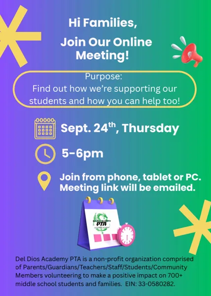A colorful purple-to-green gradient flyer with a megaphone graphic and a PTA calendar illustration announcing a virtual family meeting.
