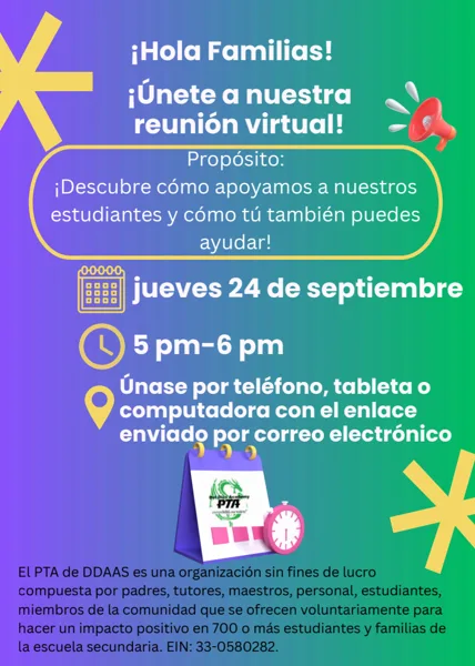 Un volante colorido con fondo degradado de morado a verde, decorado con estrellas amarillas, un megáfono rojo, íconos de calendario y reloj, y el logotipo del PTA de Del Dios Academy.