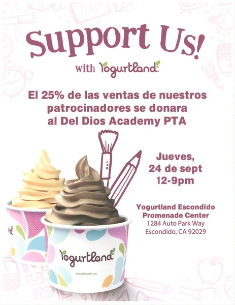 Un volante de fondo blanco y rosa con el logotipo de Yogurtland en morado, que muestra una fotografía de dos helados de yogur en un vaso decorado con círculos de colores.