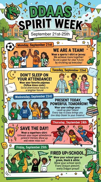 A colorful school flyer featuring a green dragon mascot, students in various themed outfits, and a school building backdrop announcing Spirit Week activities for each day.