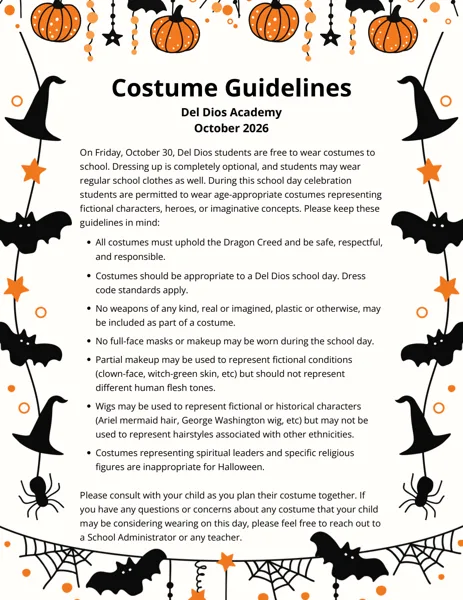 A Halloween-themed school flyer decorated with pumpkins, bats, witch hats, spiders, and spiderwebs listing costume guidelines for Del Dios Academy students.