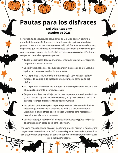 Un folleto festivo de Halloween con fondo blanco, decorado con murciélagos, arañas, calabazas naranjas, sombreros de bruja y telarañas en tonos negro y naranja, con texto en negro sobre pautas para disfraces escolares.