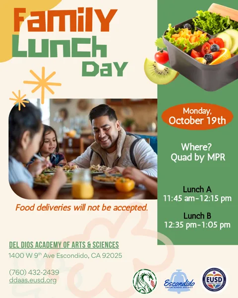 A smiling man and two young children enjoy a meal together at a table, with a bento box of fresh vegetables and fruit shown above.