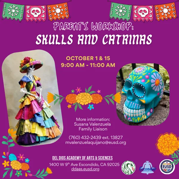 A colorful Día de los Muertos themed flyer showing a Catrina skeleton figure in a rainbow dress and a painted turquoise sugar skull, decorated with marigolds and papel picado banners.