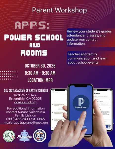 A red and purple flyer for a parent workshop on the PowerSchool and Rooms apps, featuring images of hands holding smartphones displaying the apps.