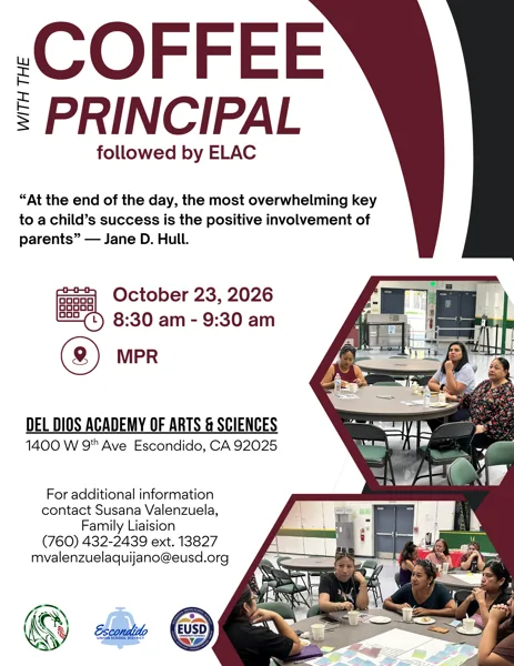 A school event flyer showing two photos of parents seated at round tables in a multipurpose room, engaged in a meeting with school staff.
