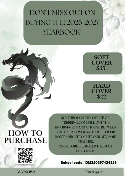A school yearbook sales flyer featuring a dark dragon illustration on a soft green and white floral background, with pricing and ordering details.