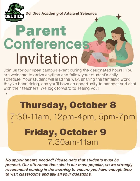 A school flyer showing an illustrated family of two adults and a child looking at a tablet together, with event details for parent conferences at Del Dios Academy.