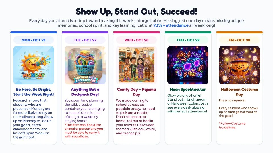 A colorful school spirit week flyer showing five illustrated cards, one for each day of the school week October 26–30, each with a themed activity and festive artwork.